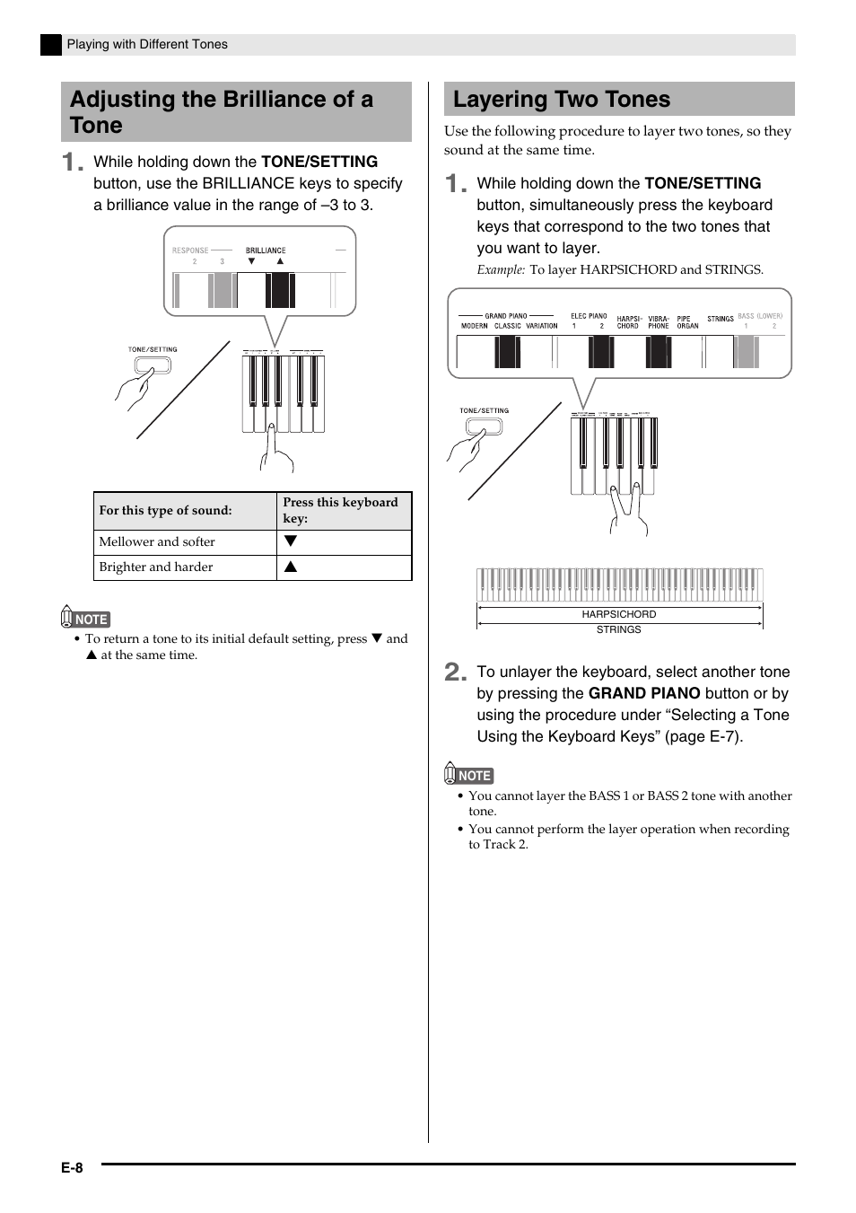 Adjusting the brilliance of a tone, Layering two tones | Casio CELVIANO AP-200 User Manual | Page 10 / 34