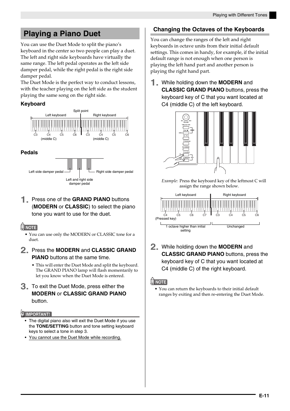 Playing a piano duet, Changing the octaves of the keyboards | Casio CELVIANO AP-200 User Manual | Page 13 / 34