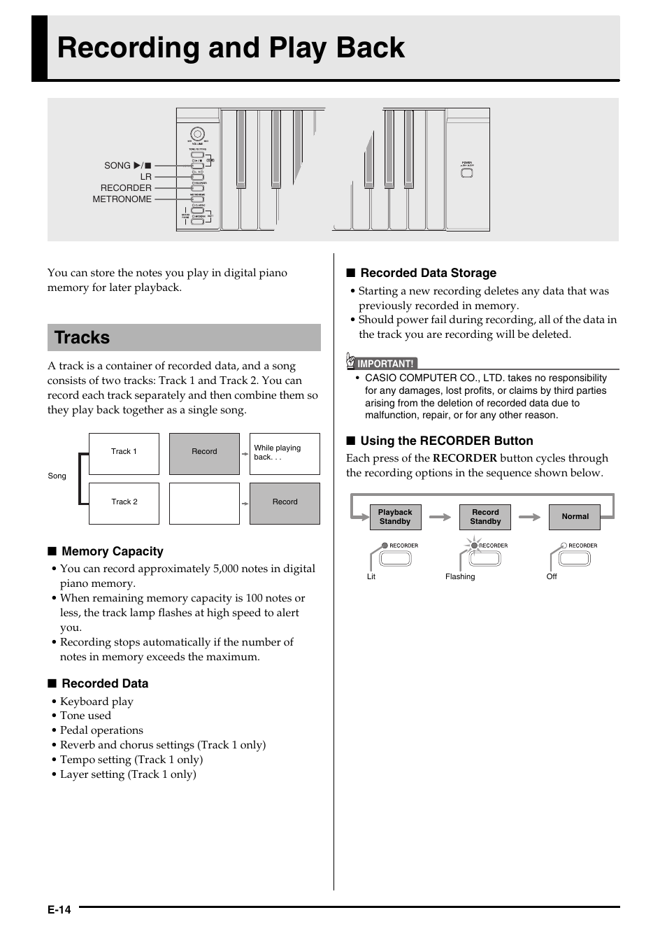 Recording and play back, Tracks | Casio CELVIANO AP-200 User Manual | Page 16 / 34