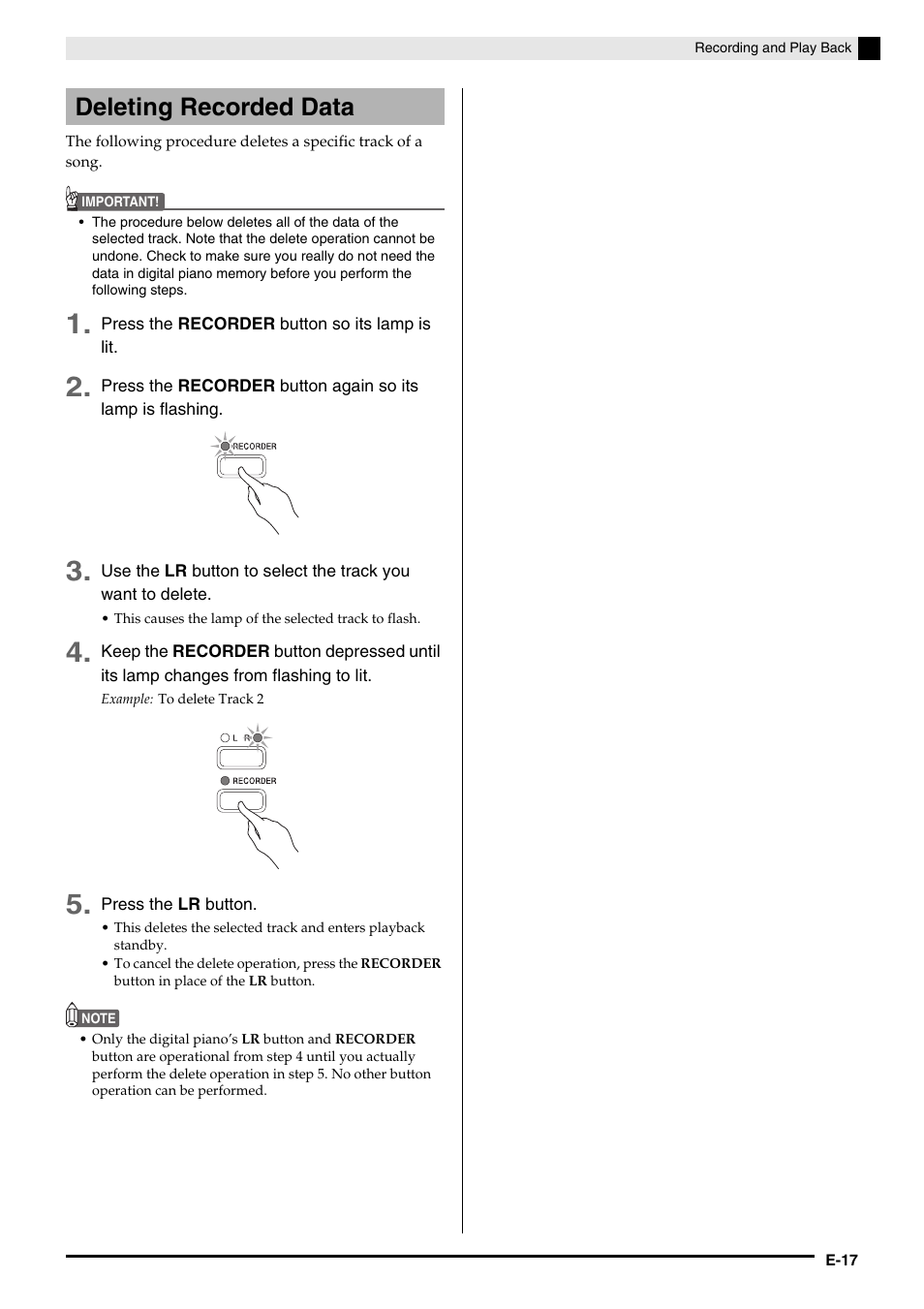 Deleting recorded data | Casio CELVIANO AP-200 User Manual | Page 19 / 34