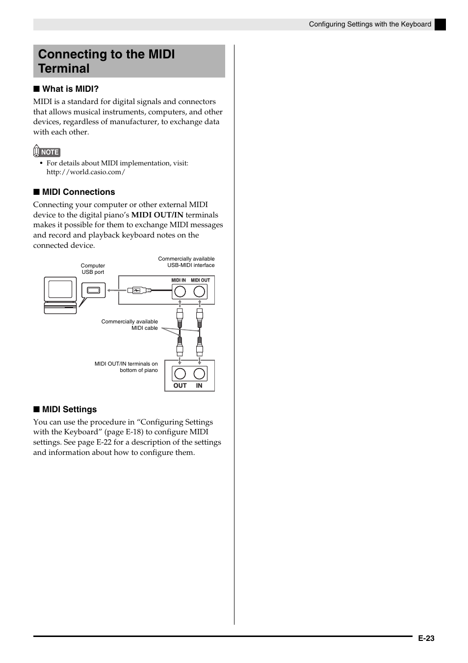 Connecting to the midi terminal, What is midi, Midi connections | Midi settings | Casio CELVIANO AP-200 User Manual | Page 25 / 34