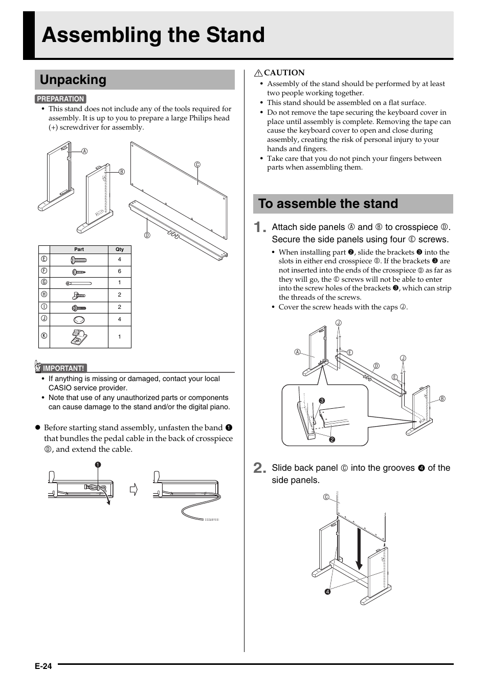 Assembling the stand, Unpacking | Casio CELVIANO AP-200 User Manual | Page 26 / 34