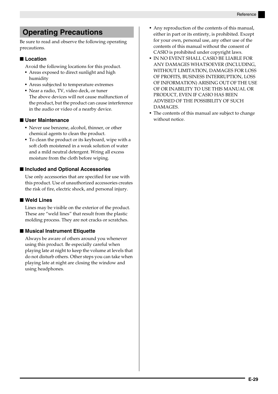 Operating precautions | Casio CELVIANO AP-200 User Manual | Page 31 / 34