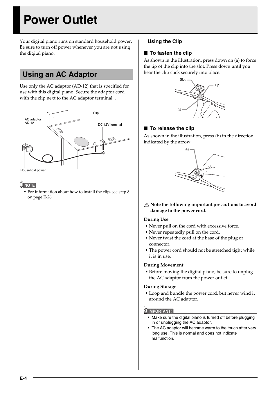 Power outlet, Using an ac adaptor | Casio CELVIANO AP-200 User Manual | Page 6 / 34