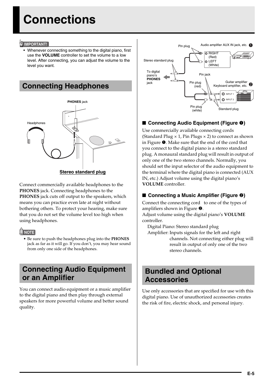 Connections, Bundled and optional accessories | Casio CELVIANO AP-200 User Manual | Page 7 / 34