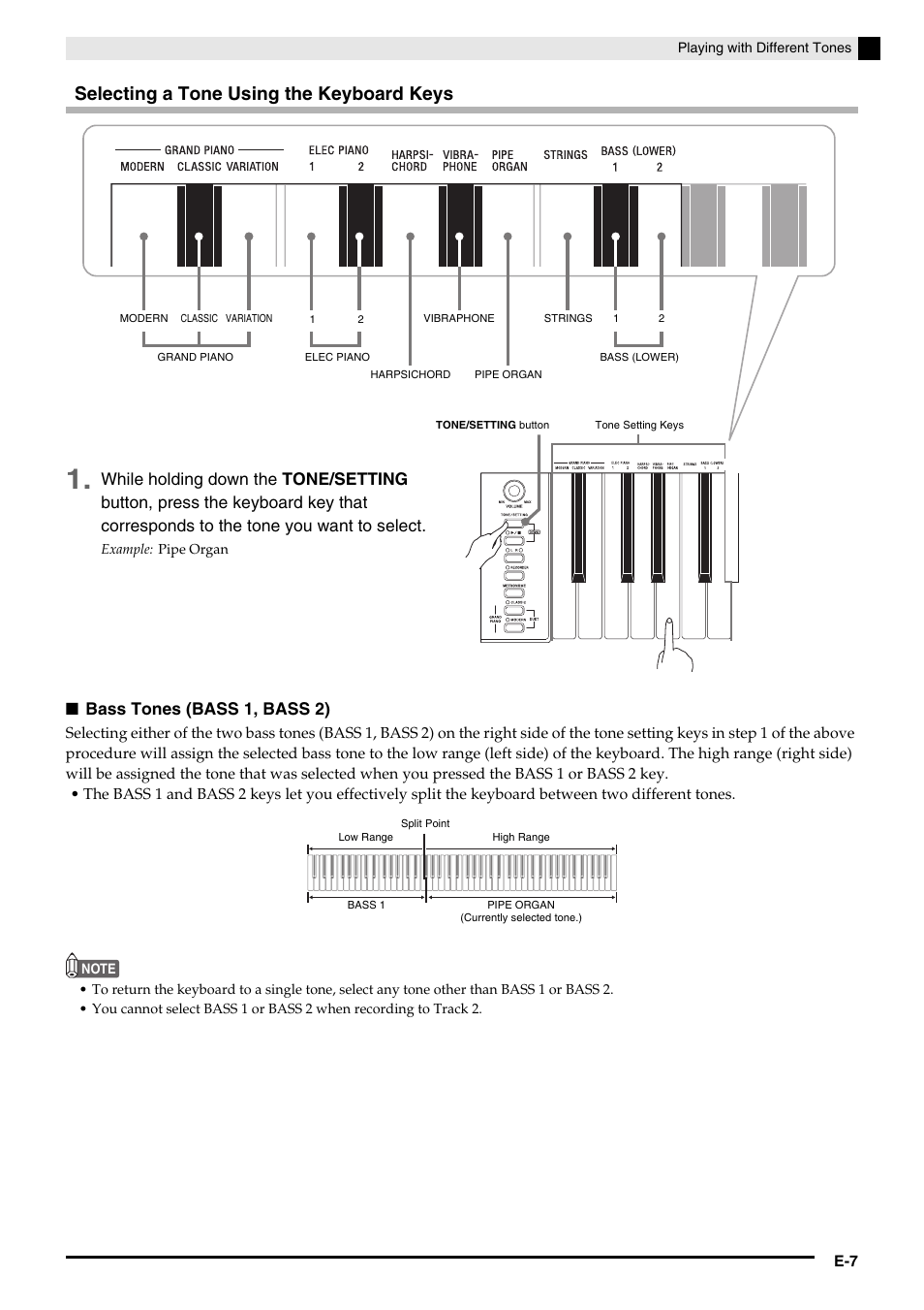 Selecting a tone using the keyboard keys, Bass tones (bass 1, bass 2) | Casio CELVIANO AP-200 User Manual | Page 9 / 34