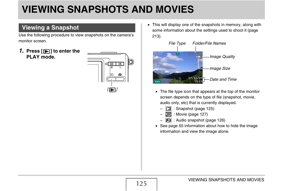 Viewing snapshots and movies, Viewing a snapshot | Casio EXILIM EX-Z75 User Manual | Page 125 / 233
