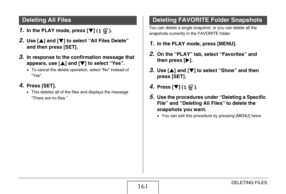Deleting all files, Deleting favorite folder snapshots | Casio EXILIM EX-Z75 User Manual | Page 161 / 233
