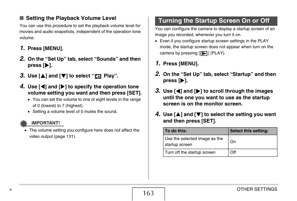 Turning the startup screen on or off | Casio EXILIM EX-Z75 User Manual | Page 163 / 233