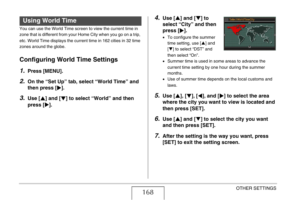 Using world time, Configuring world time settings, Configuring world time settings 1 | Casio EXILIM EX-Z75 User Manual | Page 168 / 233