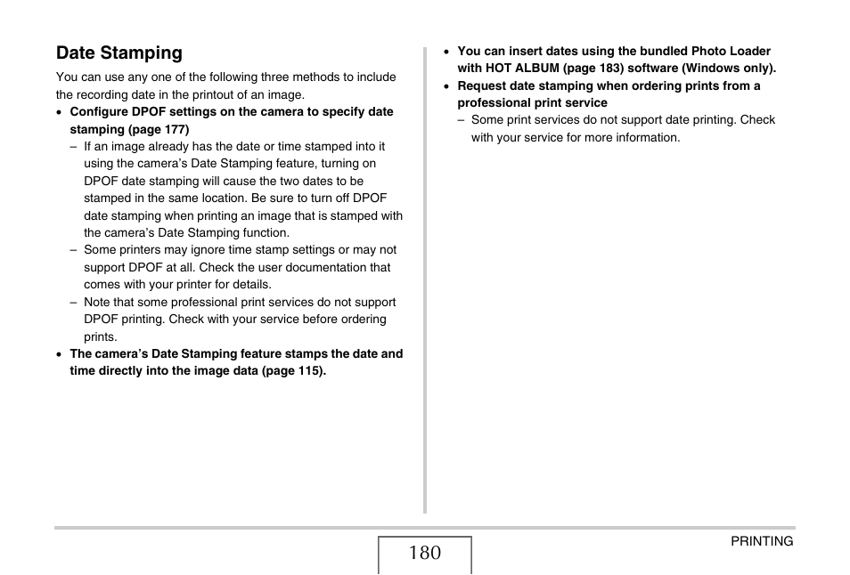Date stamping, E 180) | Casio EXILIM EX-Z75 User Manual | Page 180 / 233