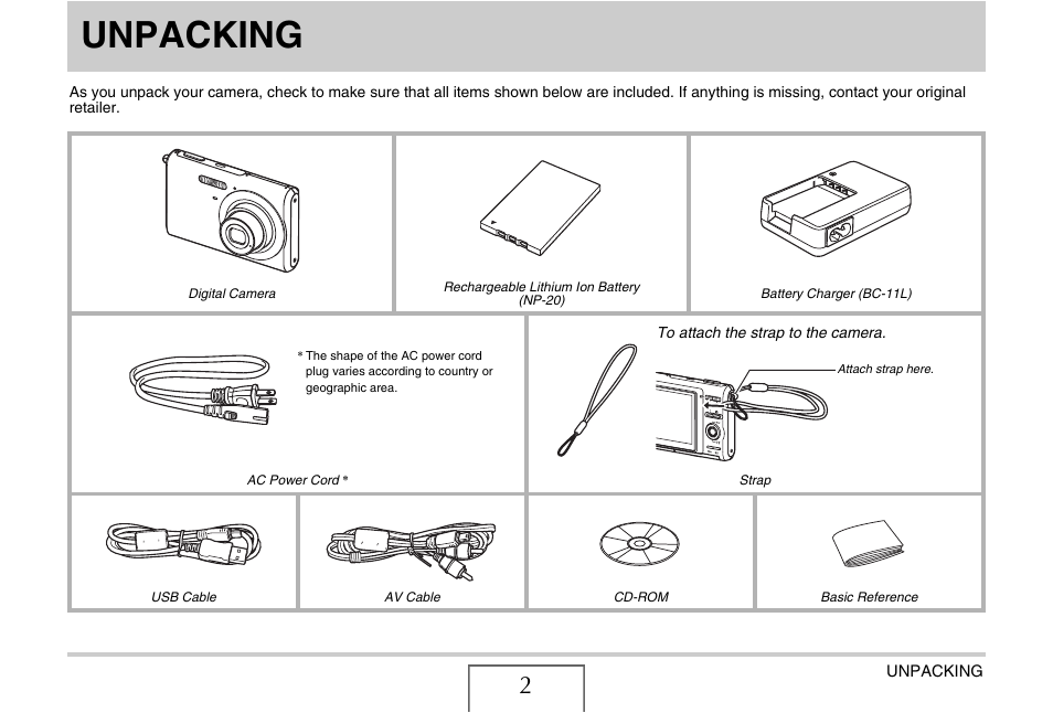 Unpacking | Casio EXILIM EX-Z75 User Manual | Page 2 / 233