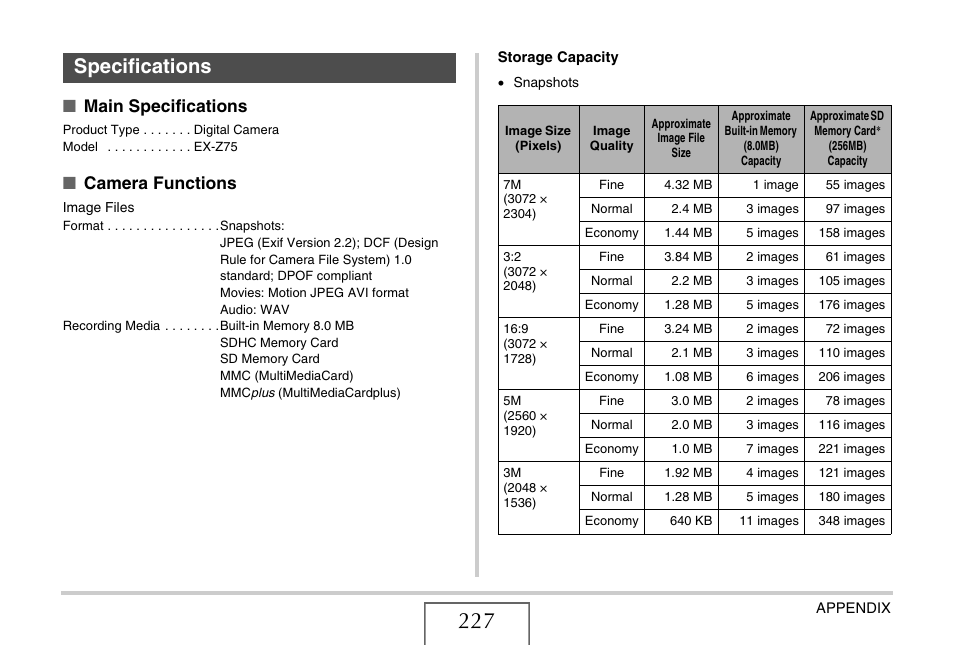 Specifications, Main specifications, Camera functions | Casio EXILIM EX-Z75 User Manual | Page 227 / 233