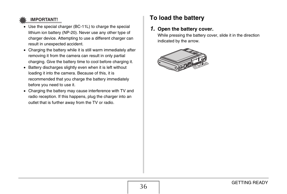 To load the battery | Casio EXILIM EX-Z75 User Manual | Page 36 / 233