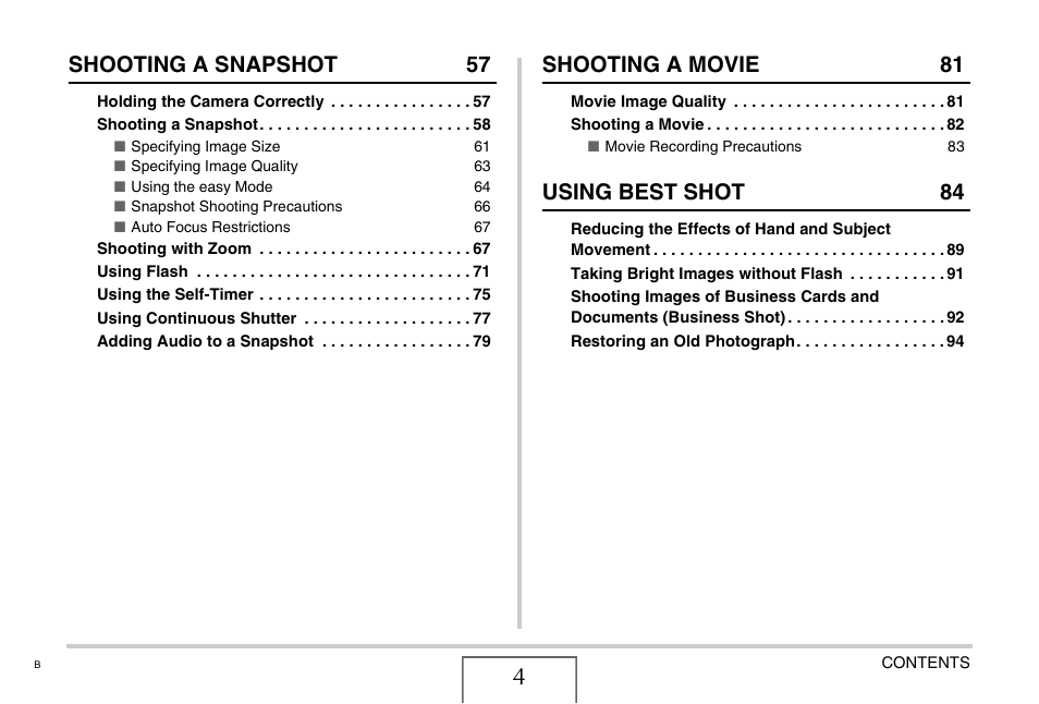 Shooting a snapshot 57, Shooting a movie 81, Using best shot 84 | Casio EXILIM EX-Z75 User Manual | Page 4 / 233