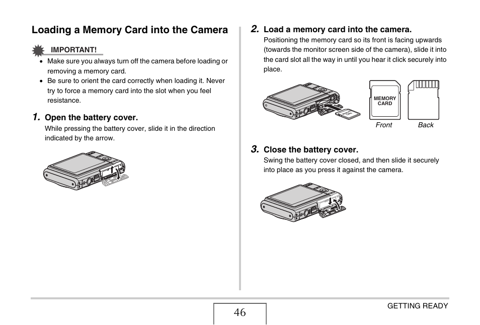 Loading a memory card into the camera | Casio EXILIM EX-Z75 User Manual | Page 46 / 233