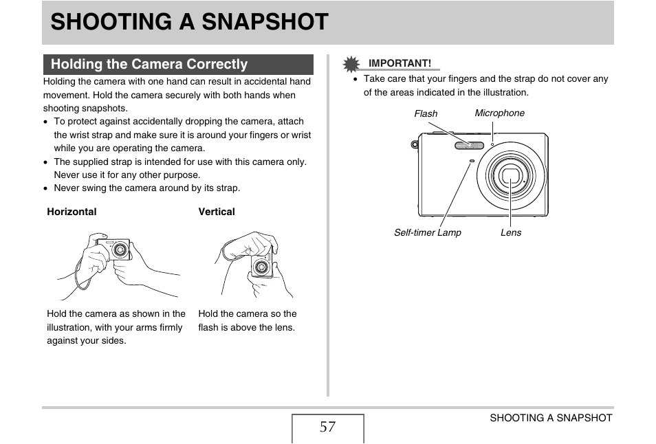 Shooting a snapshot, Holding the camera correctly | Casio EXILIM EX-Z75 User Manual | Page 57 / 233