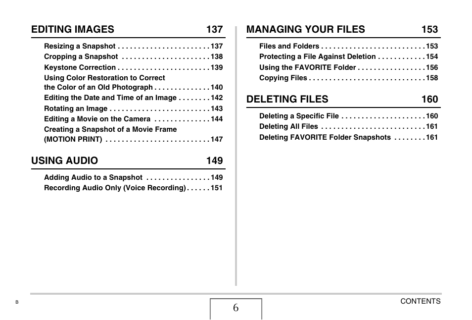 Editing images 137, Using audio 149, Managing your files 153 | Deleting files 160 | Casio EXILIM EX-Z75 User Manual | Page 6 / 233