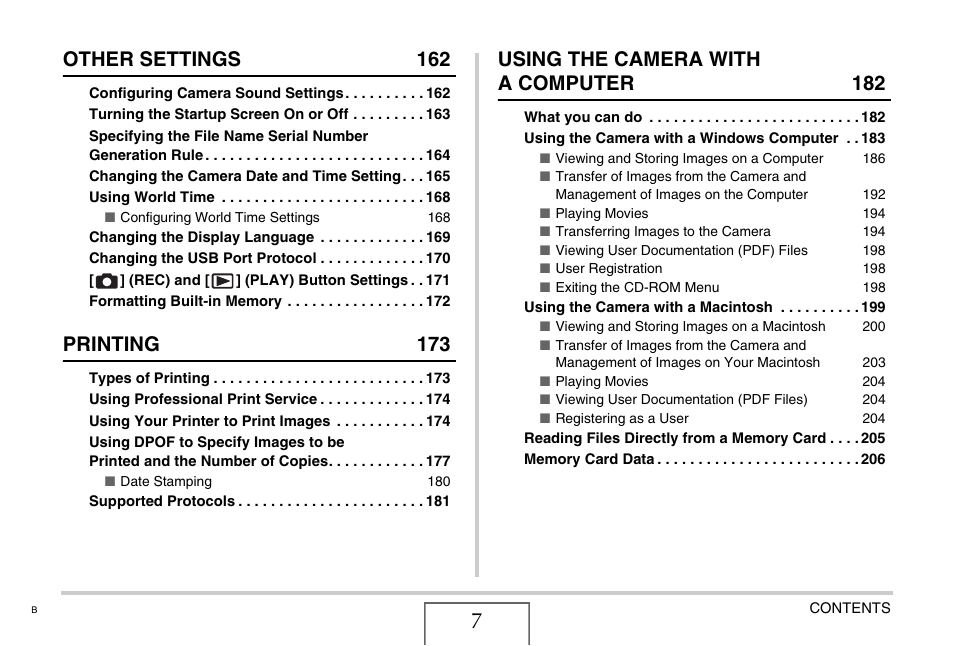 Other settings 162, Printing 173, Using the camera with a computer 182 | Casio EXILIM EX-Z75 User Manual | Page 7 / 233