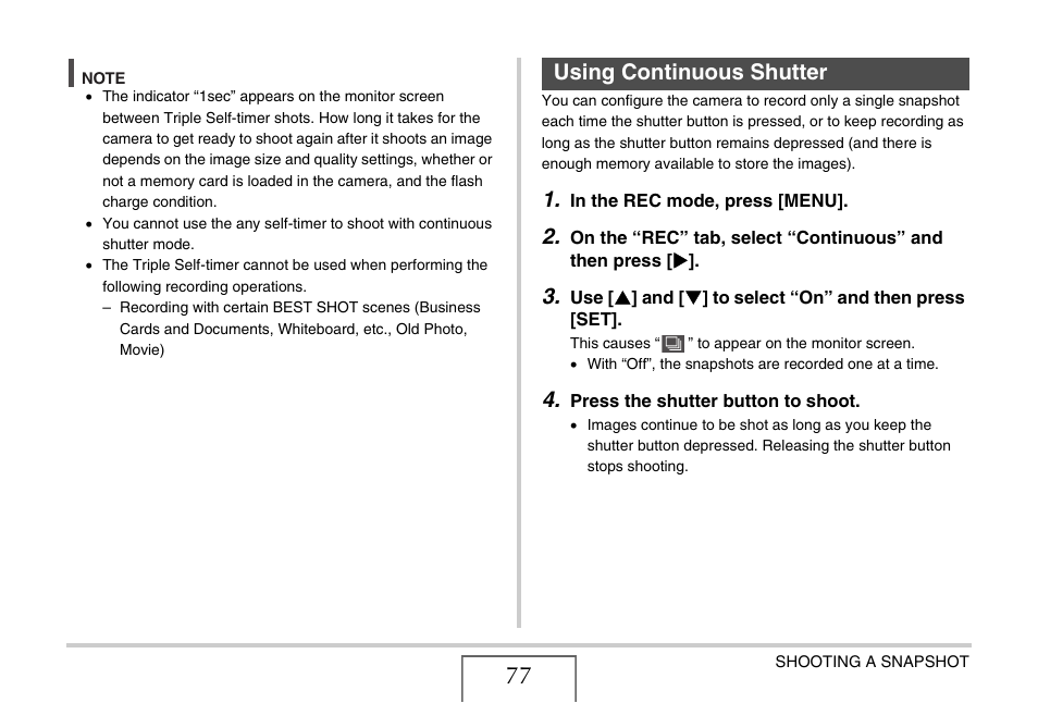 Using continuous shutter | Casio EXILIM EX-Z75 User Manual | Page 77 / 233