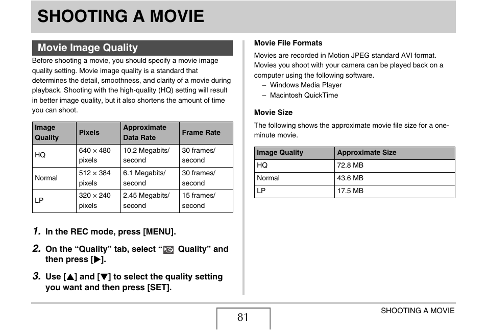 Shooting a movie, Movie image quality, E 81 | Casio EXILIM EX-Z75 User Manual | Page 81 / 233
