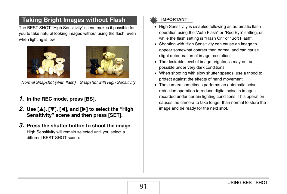 Taking bright images without flash, E 91) | Casio EXILIM EX-Z75 User Manual | Page 91 / 233