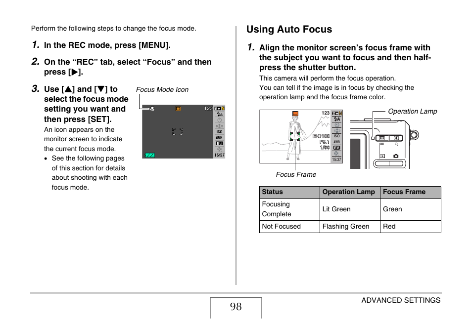 Using auto focus, Using auto focus 1 | Casio EXILIM EX-Z75 User Manual | Page 98 / 233