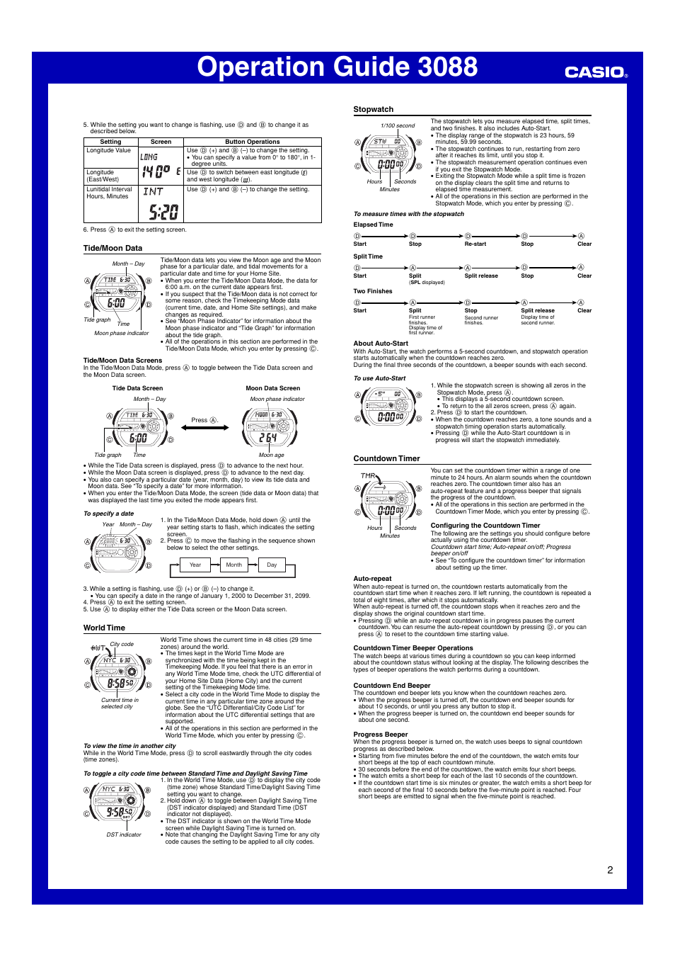 Tide/moon data, World time, Stopwatch | Countdown timer, Operation guide 3088 | Casio 3088 User Manual | Page 2 / 5