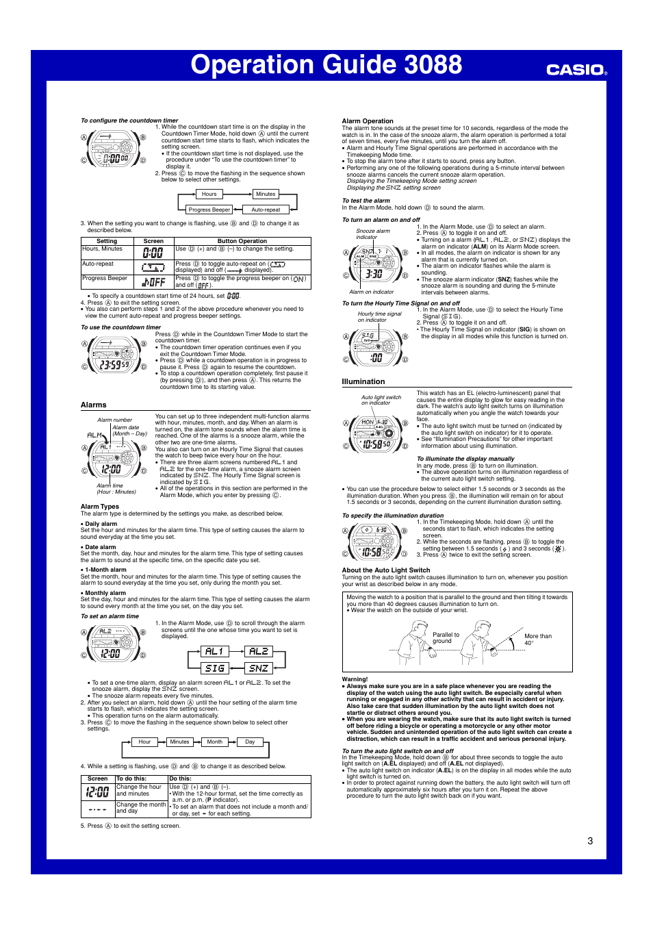 Alarms, Illumination, Operation guide 3088 | Casio 3088 User Manual | Page 3 / 5