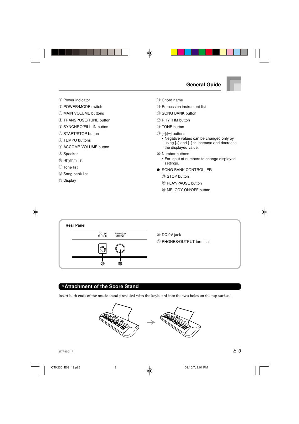 E-9 general guide, Attachment of the score stand | Casio CTK-230 User Manual | Page 11 / 51