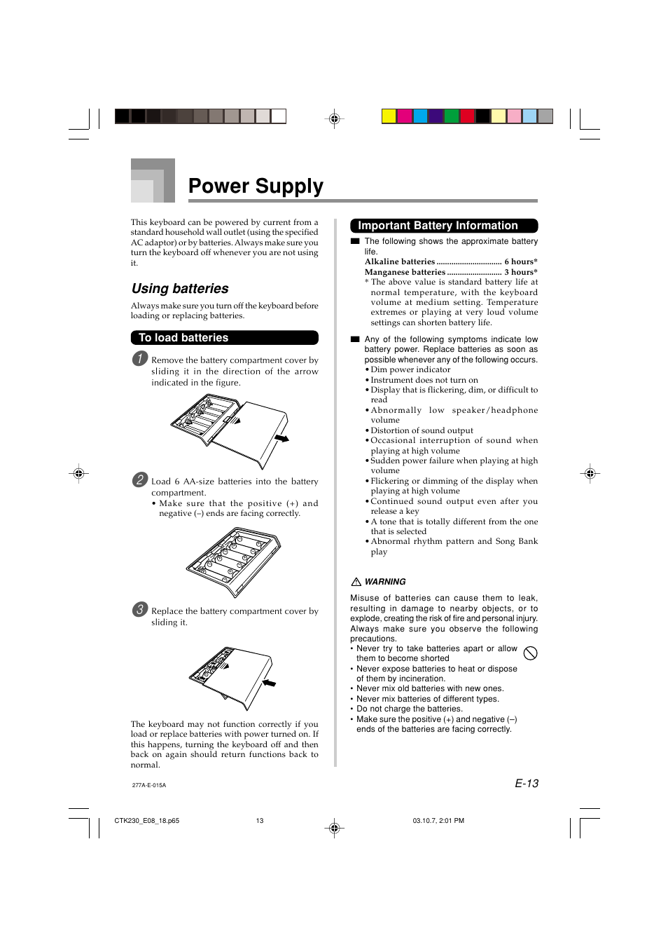 Power supply, Using batteries, E-13 | Important battery information | Casio CTK-230 User Manual | Page 15 / 51