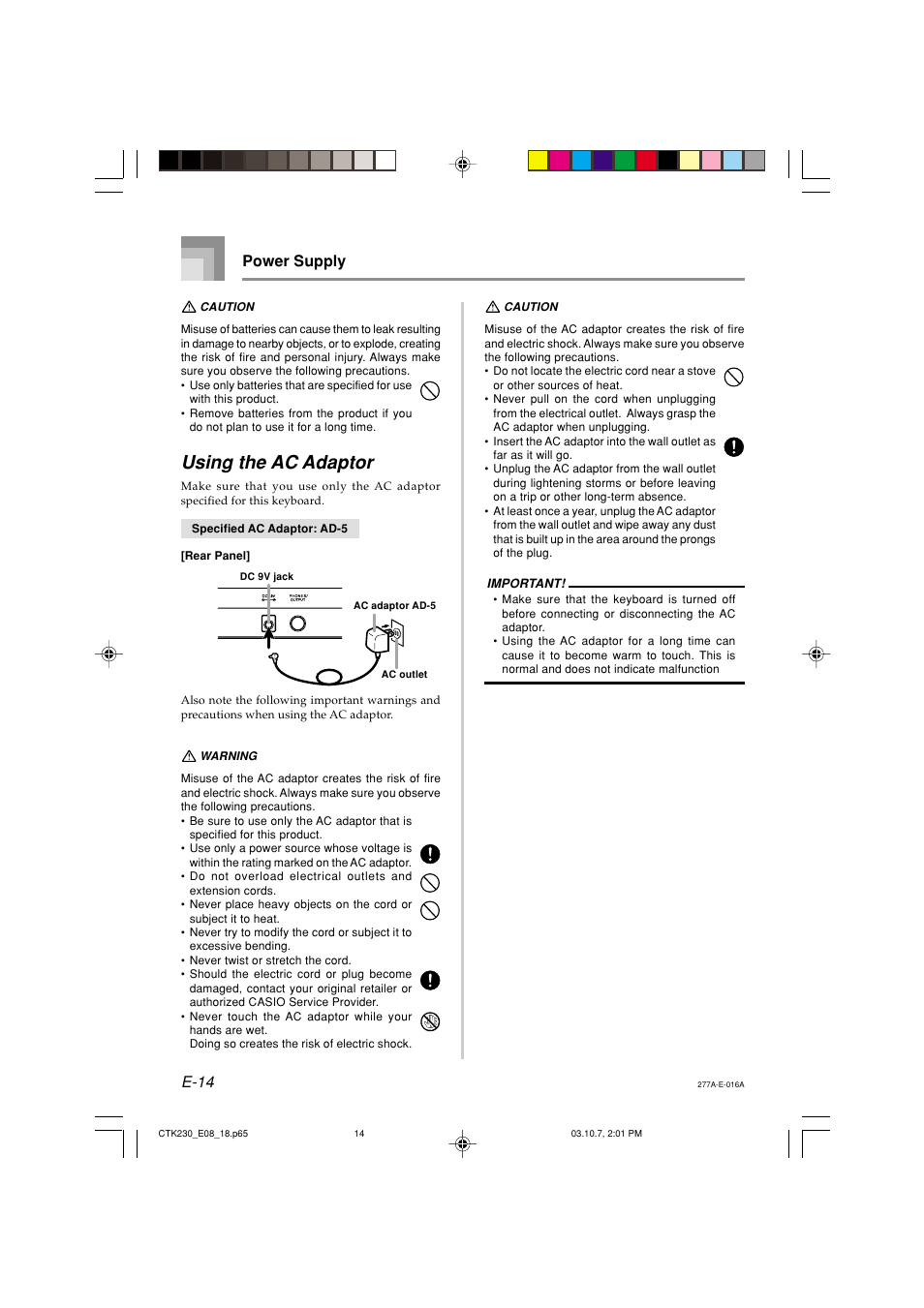 Using the ac adaptor, E-14, Power supply | Casio CTK-230 User Manual | Page 16 / 51