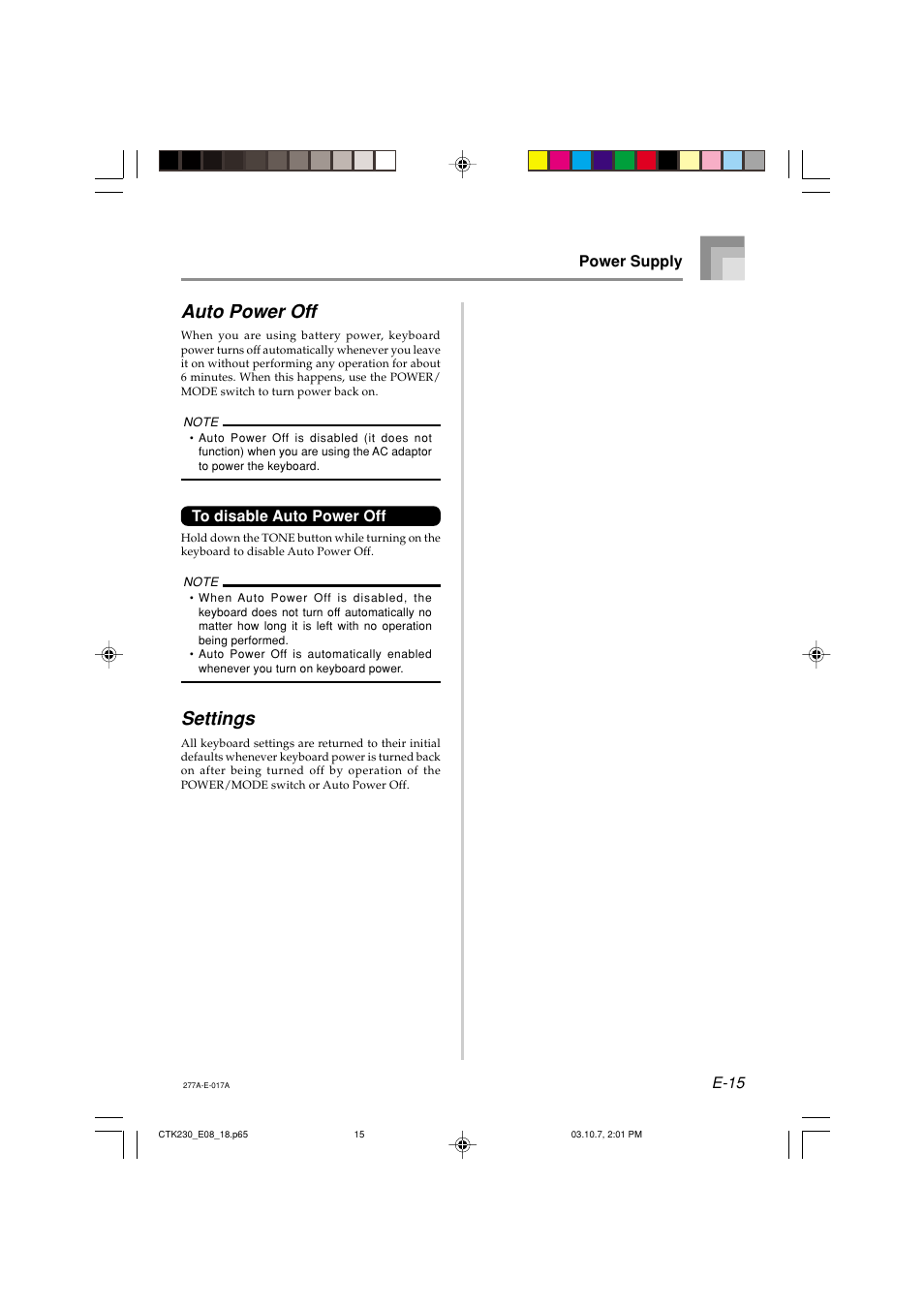 Auto power off, Settings | Casio CTK-230 User Manual | Page 17 / 51