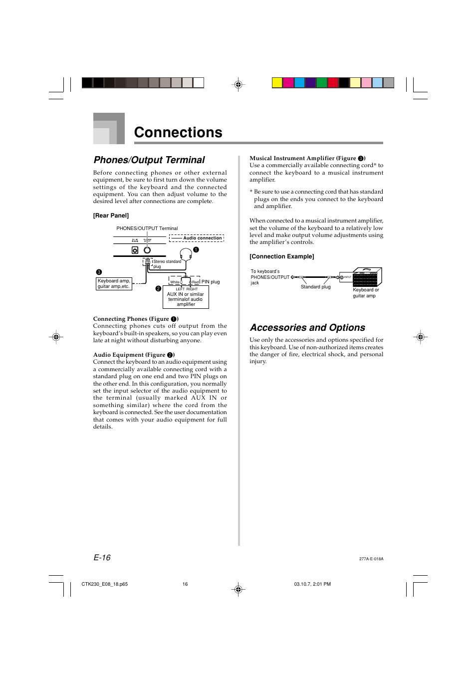 Connections, Phones/output terminal, Accessories and options | E-16 | Casio CTK-230 User Manual | Page 18 / 51