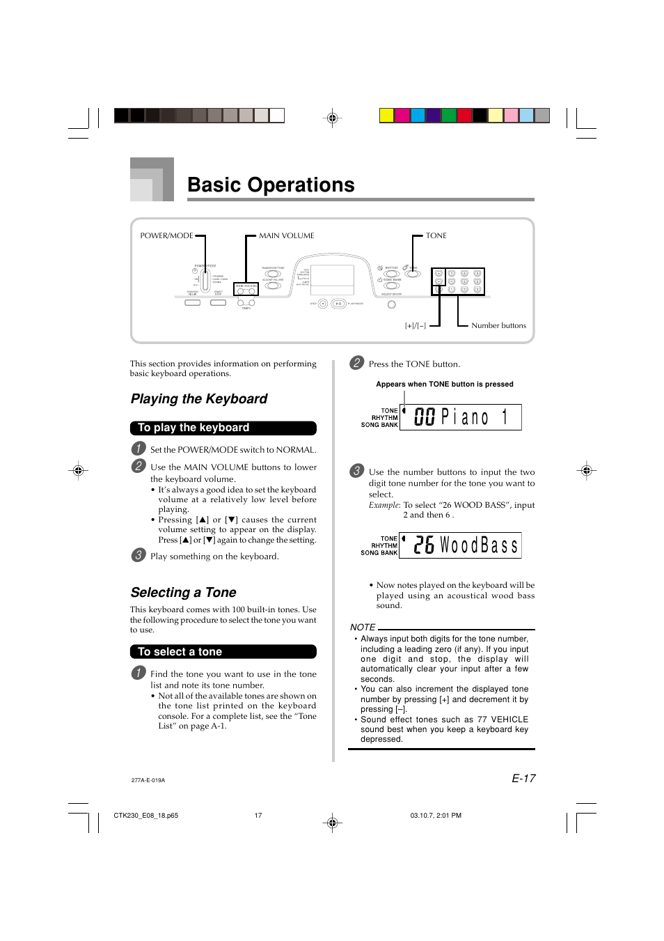 Basic operations, Playing the keyboard, Selecting a tone | Casio CTK-230 User Manual | Page 19 / 51