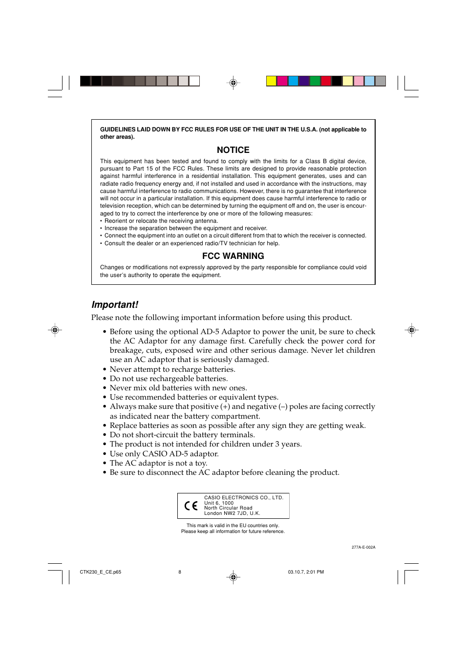 Important, Notice, Fcc warning | Casio CTK-230 User Manual | Page 2 / 51