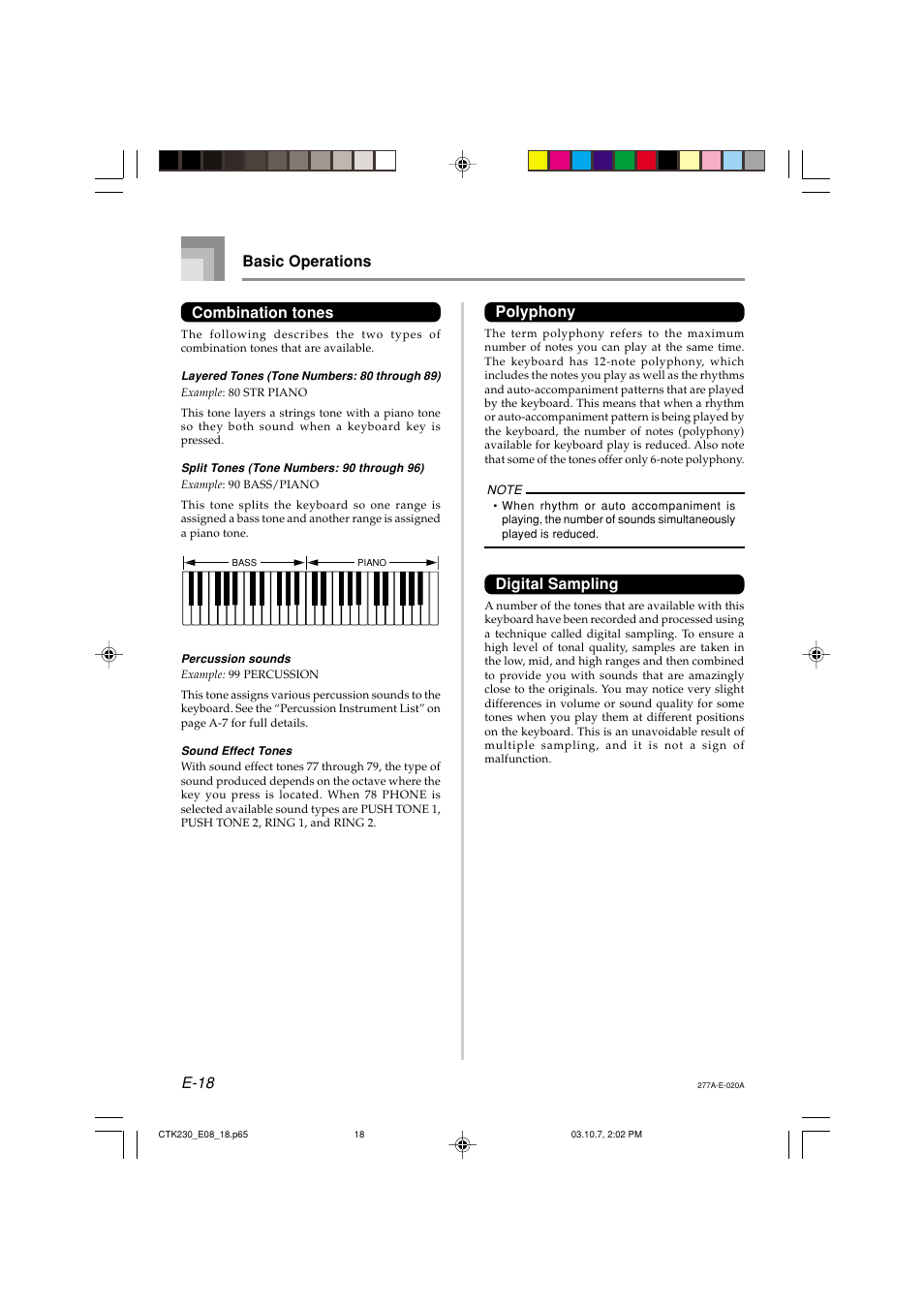 E-18, Combination tones, Polyphony | Digital sampling, Basic operations | Casio CTK-230 User Manual | Page 20 / 51