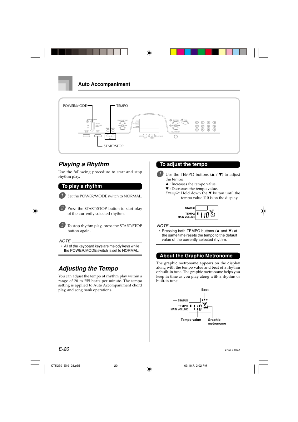 Playing a rhythm, Adjusting the tempo | Casio CTK-230 User Manual | Page 22 / 51