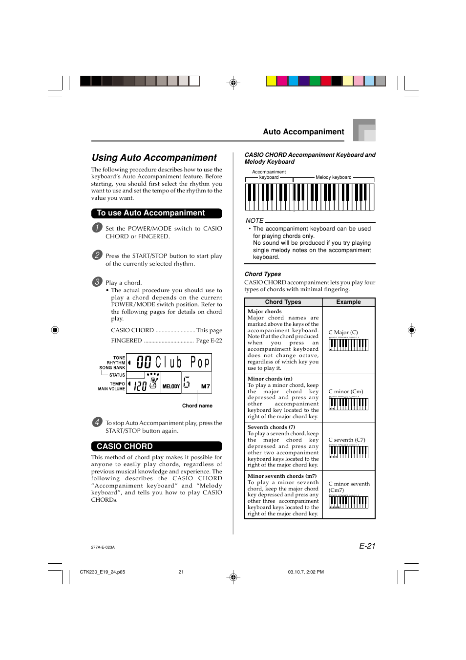 Using auto accompaniment, E-21 auto accompaniment, Casio chord | Example chord types | Casio CTK-230 User Manual | Page 23 / 51