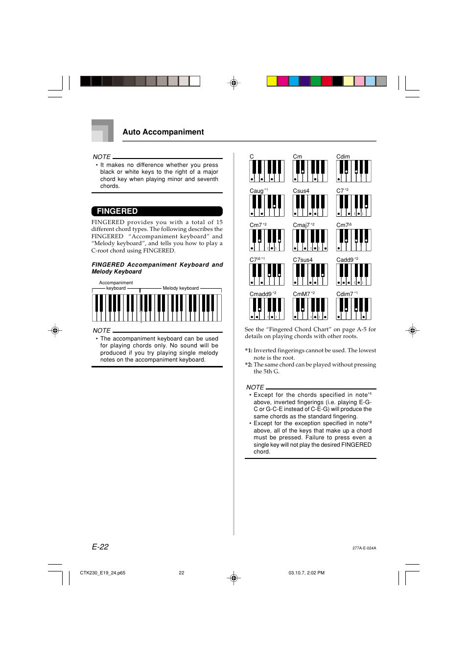 E-22 auto accompaniment, Fingered | Casio CTK-230 User Manual | Page 24 / 51