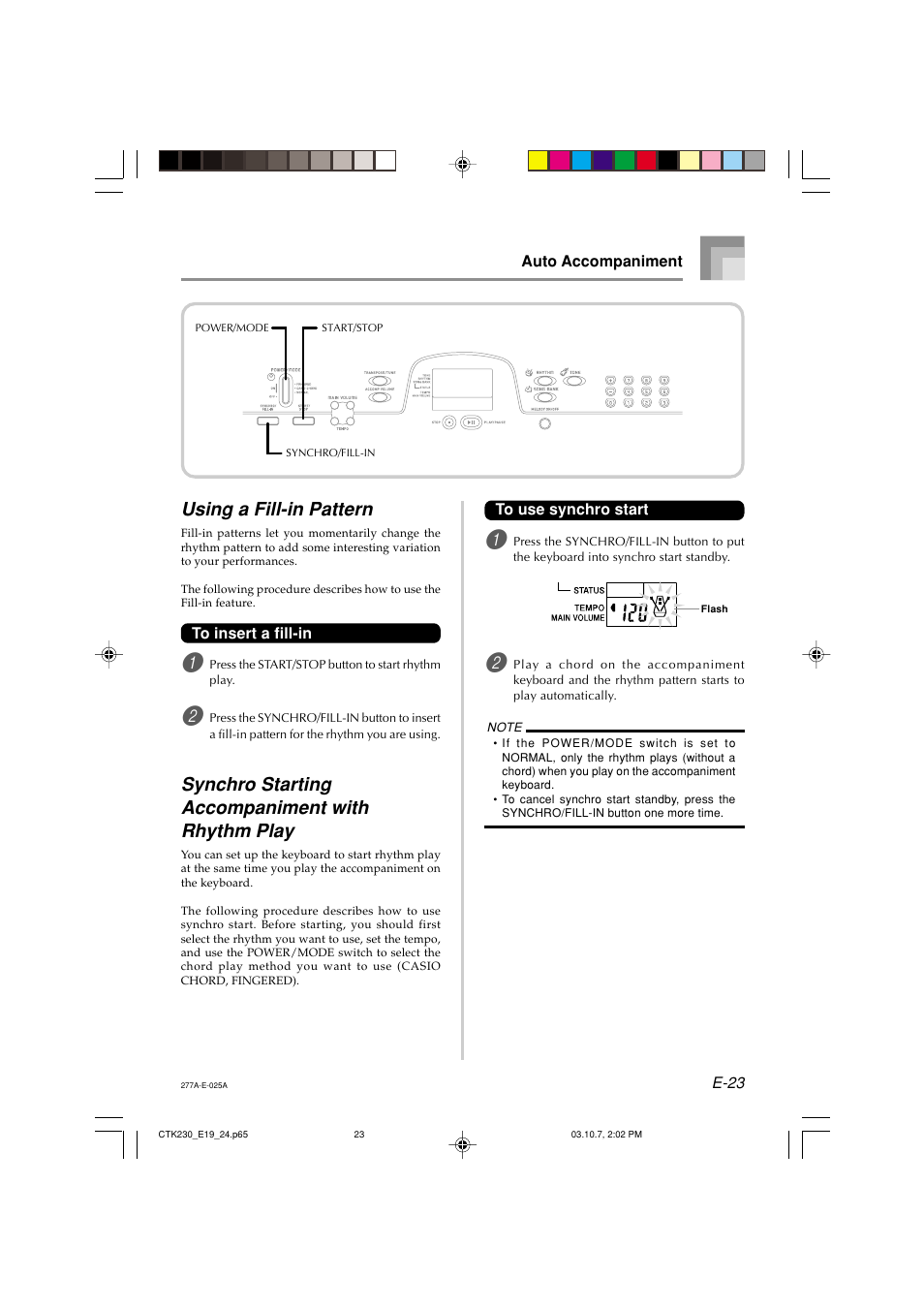 Using a fill-in pattern, Synchro starting accompaniment with rhythm play | Casio CTK-230 User Manual | Page 25 / 51