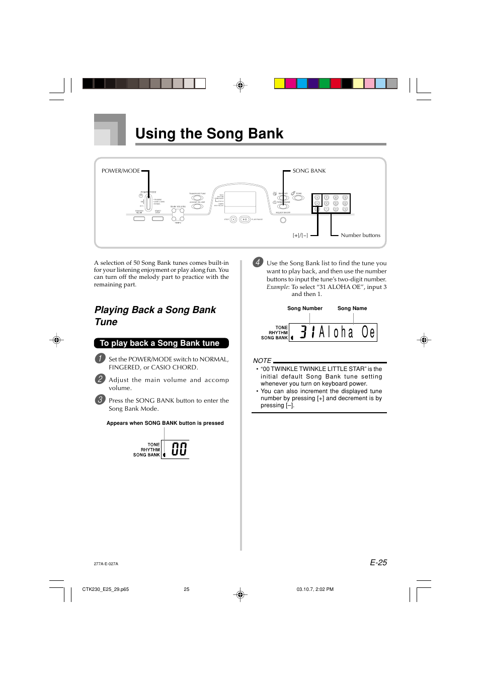 Using the song bank, Playing back a song bank tune | Casio CTK-230 User Manual | Page 27 / 51