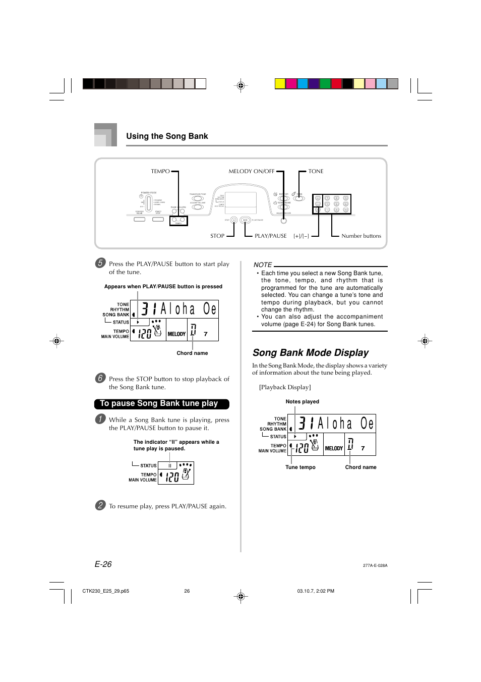 Song bank mode display | Casio CTK-230 User Manual | Page 28 / 51