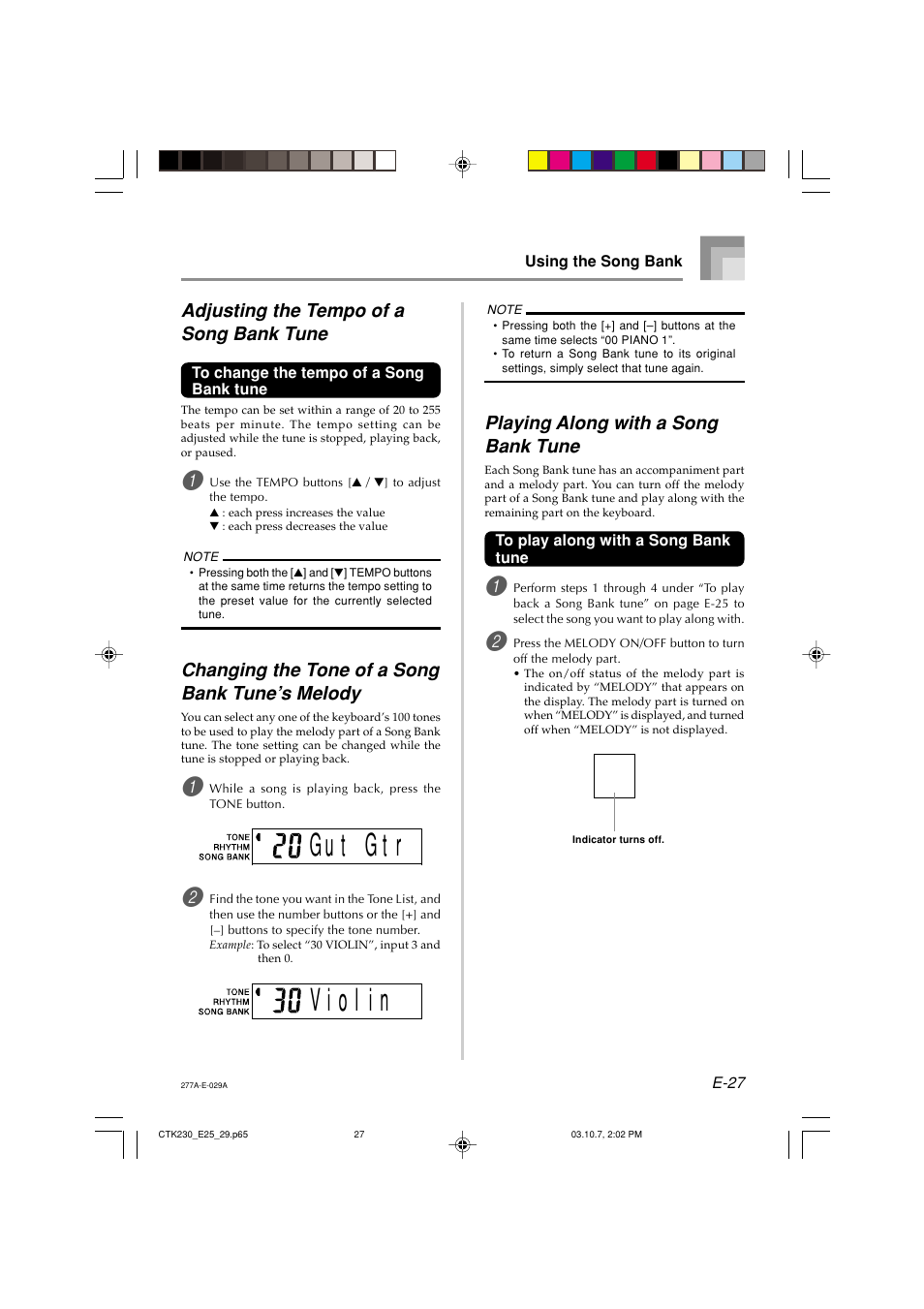 Adjusting the tempo of a song bank tune, Changing the tone of a song bank tune’s melody, Playing along with a song bank tune | Casio CTK-230 User Manual | Page 29 / 51