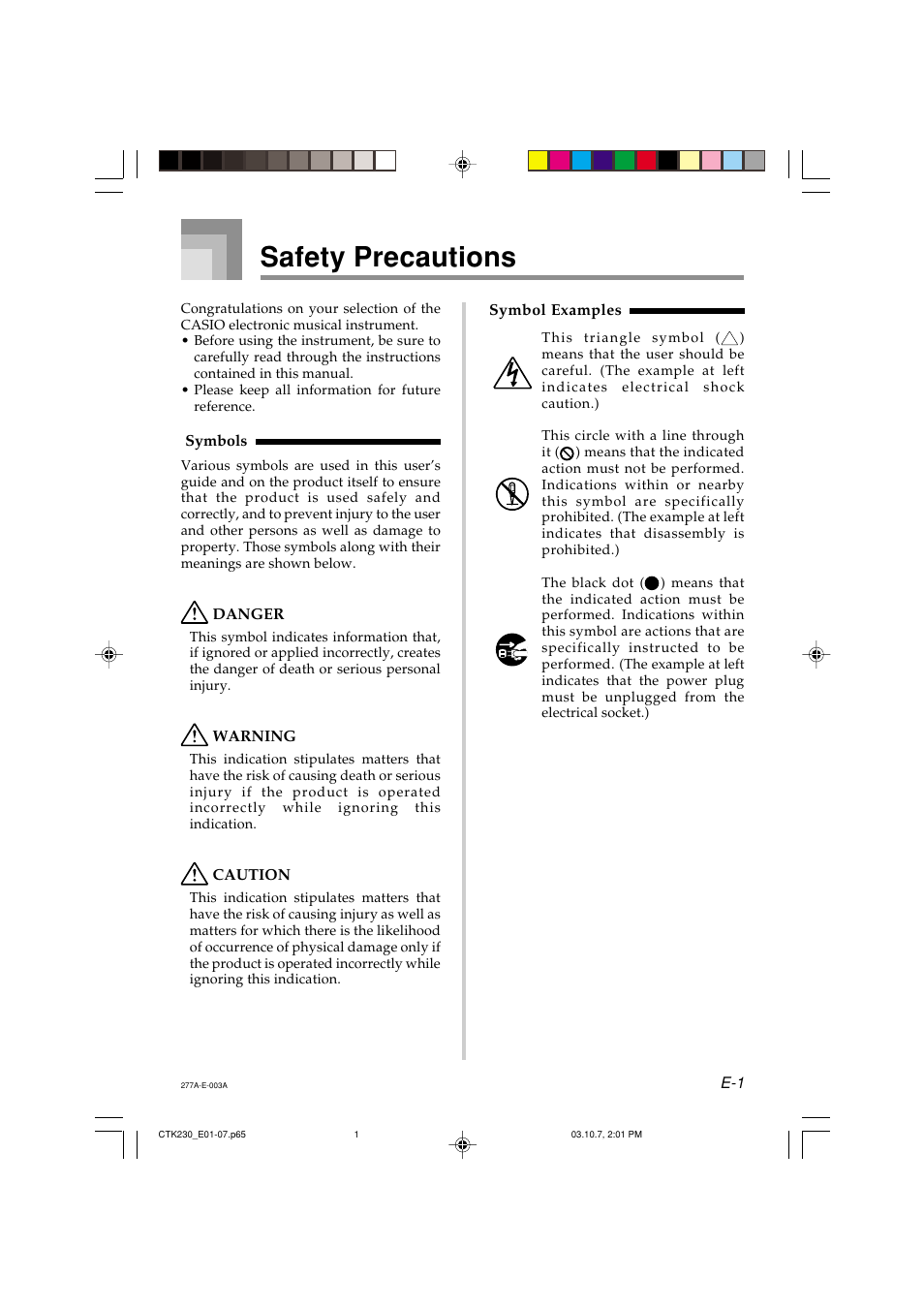 Safety precautions | Casio CTK-230 User Manual | Page 3 / 51