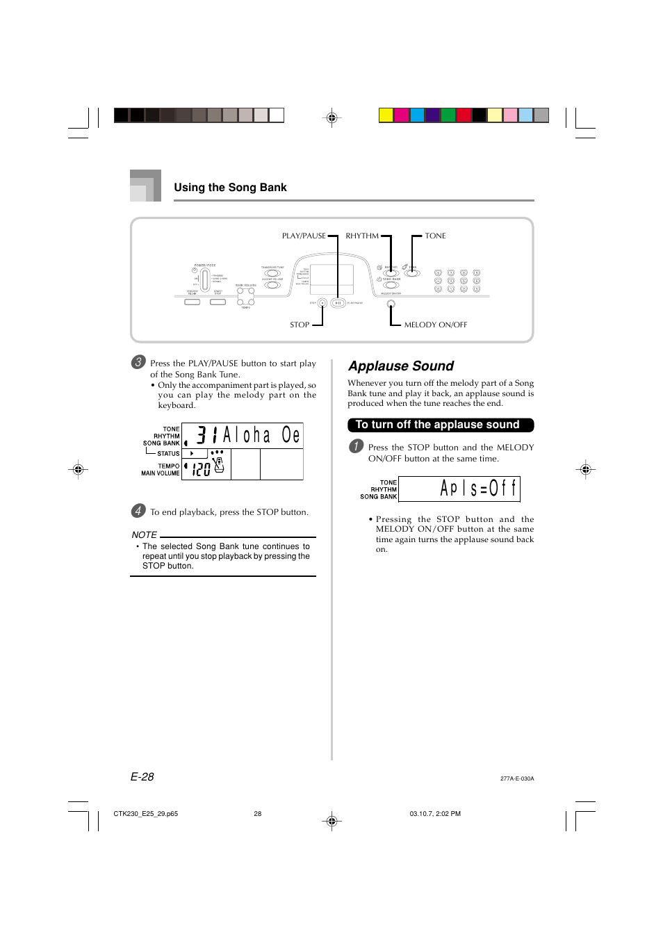 L s = o f f, Applause sound | Casio CTK-230 User Manual | Page 30 / 51