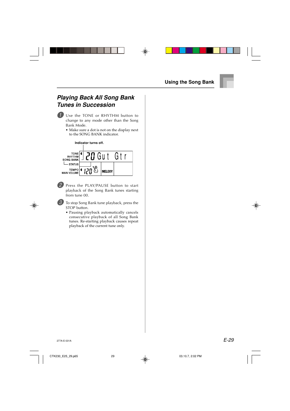 Playing back all song bank tunes in succession | Casio CTK-230 User Manual | Page 31 / 51