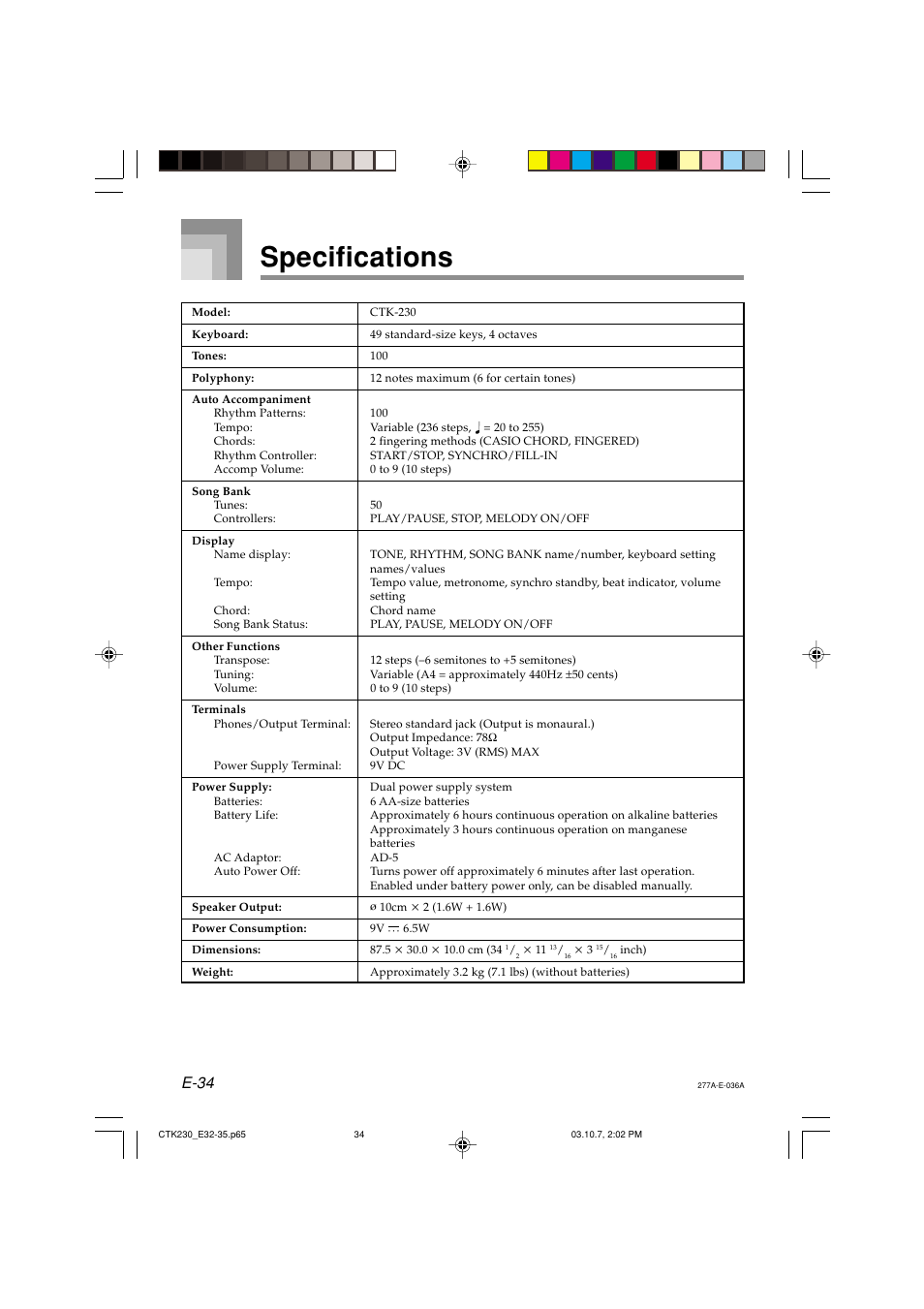 Specifications, E-34 | Casio CTK-230 User Manual | Page 36 / 51