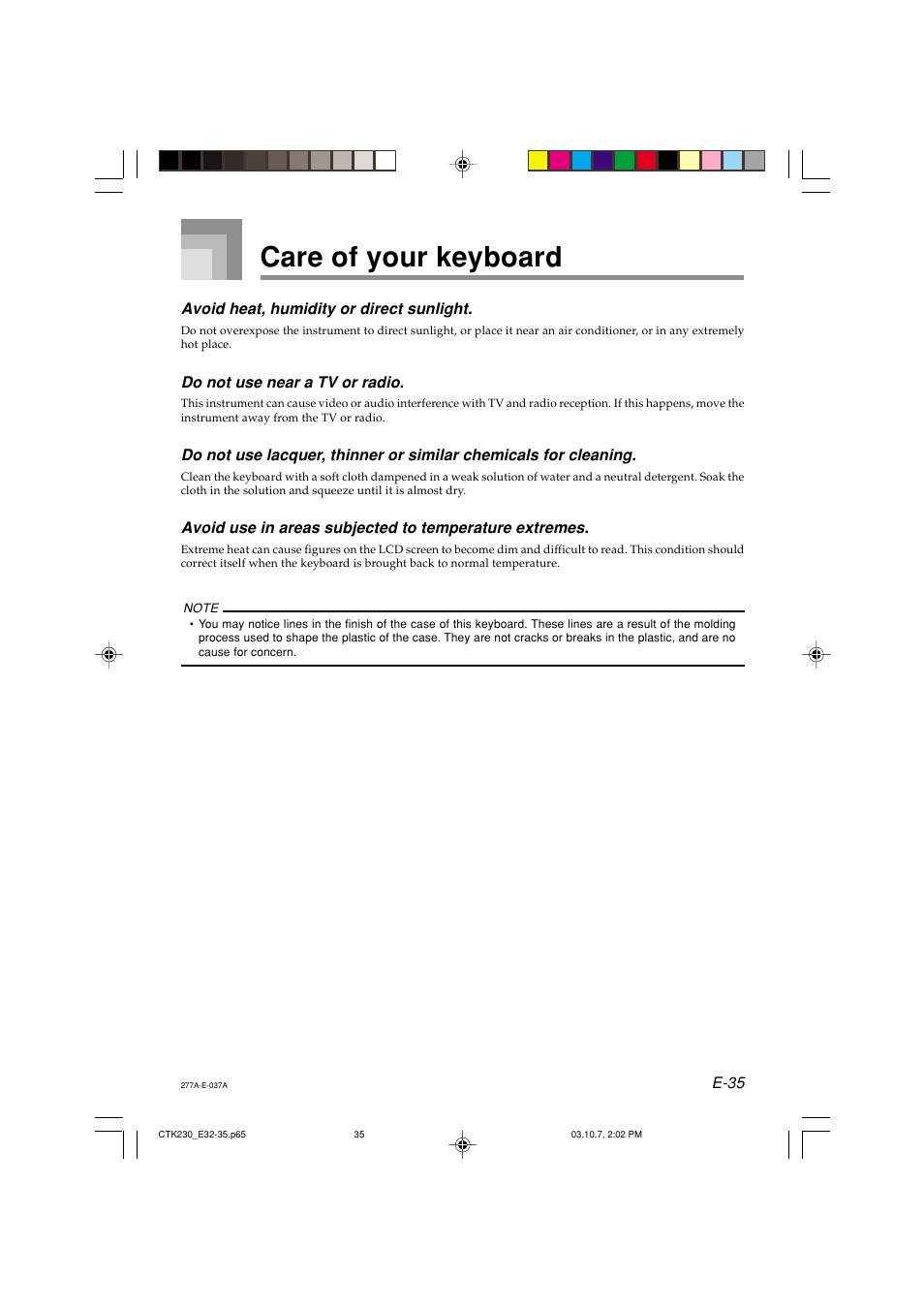 Care of your keyboard | Casio CTK-230 User Manual | Page 37 / 51