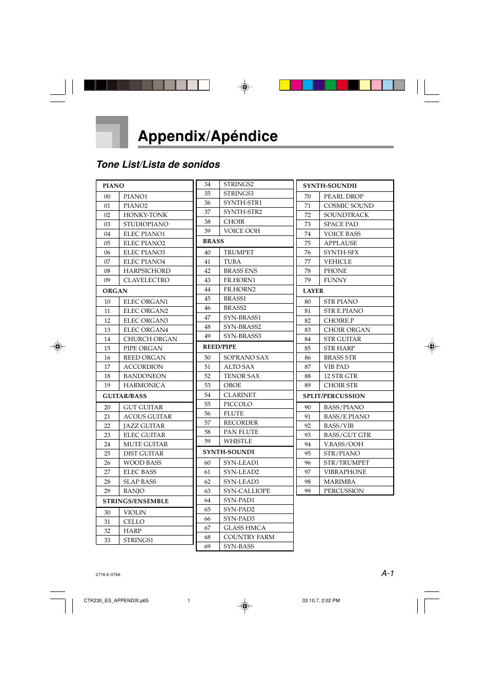 Appendix/apéndice, Tone list/lista de sonidos | Casio CTK-230 User Manual | Page 38 / 51
